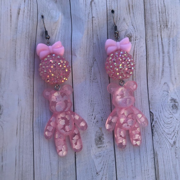 Heart confetti teddy gummy bear gumball earrings iridescent flakes dangle ball - Picture 3 of 5
